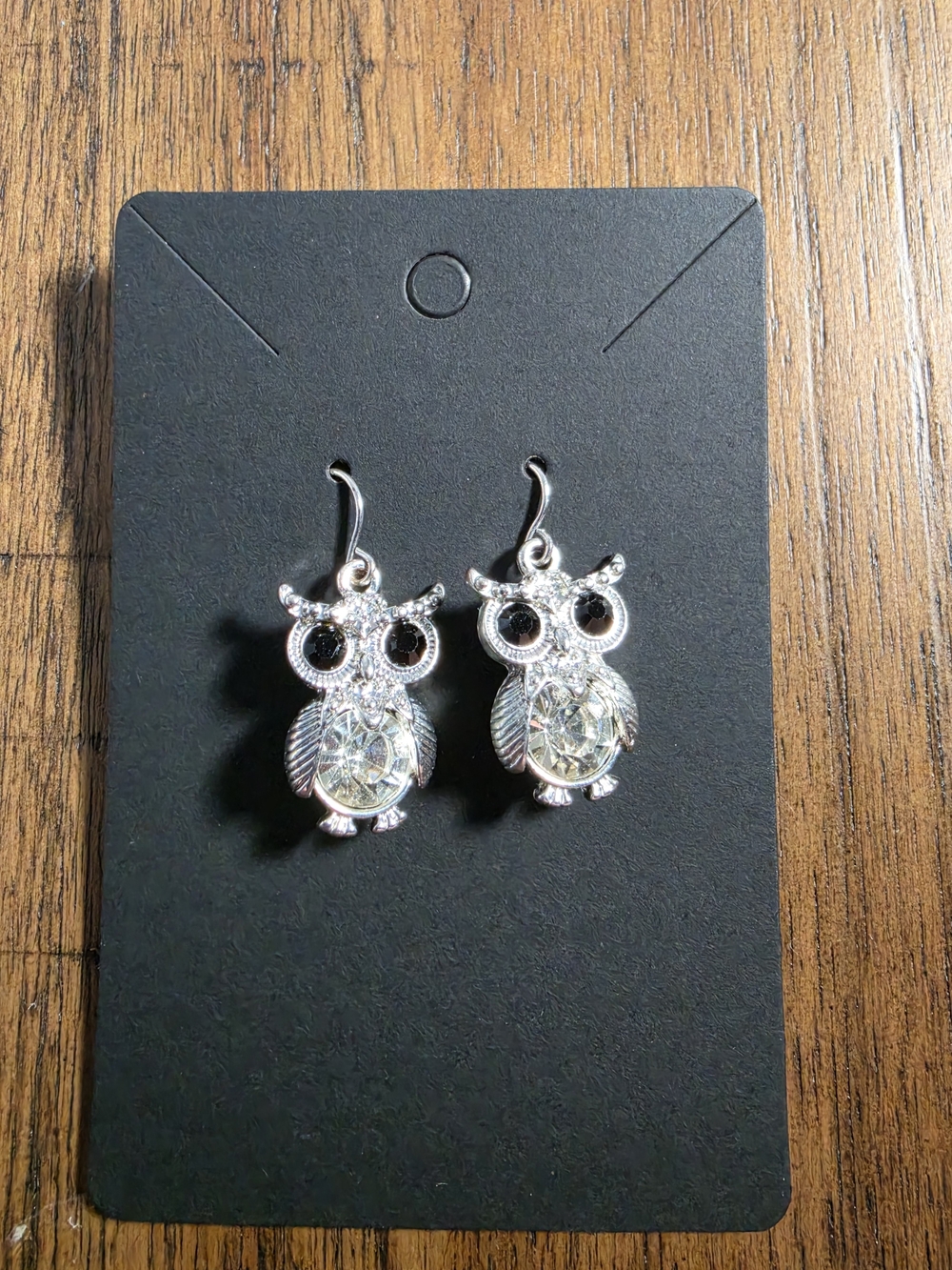 Silver Owl Dangle Earrings with Clear Crystal Accent